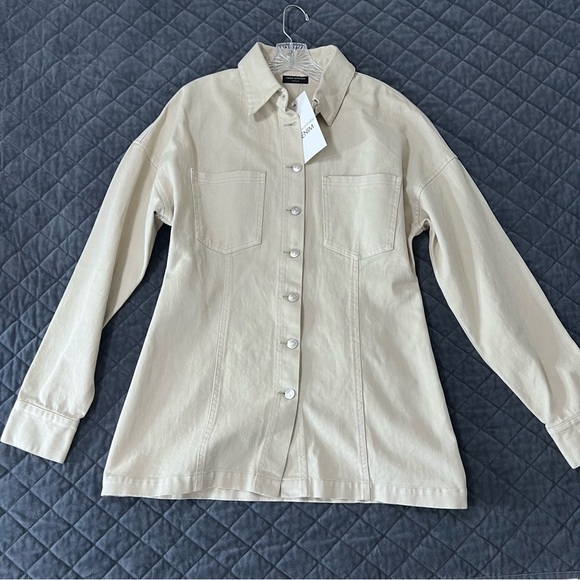 Naked Wardrobe Denim Jean Jacket Women’s Large Cream Beige Cargo Button Up - Picture 2 of 9